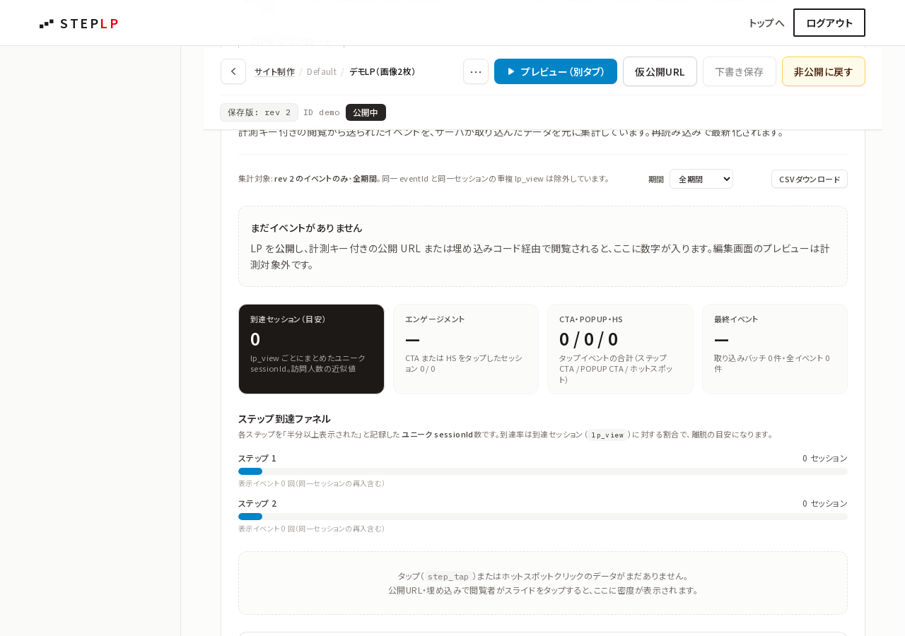 LP編集画面の分析セクション。ファネル・CTA・ヒートマップ